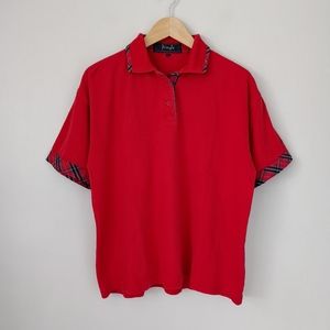Vintage Pringle of Scotland Polo T-Shirt Size Large Red Tartan Details Cotton